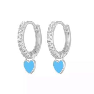 NWT SILVER BLUE ENAMEL HEART DROP DANGLE HOOP SET